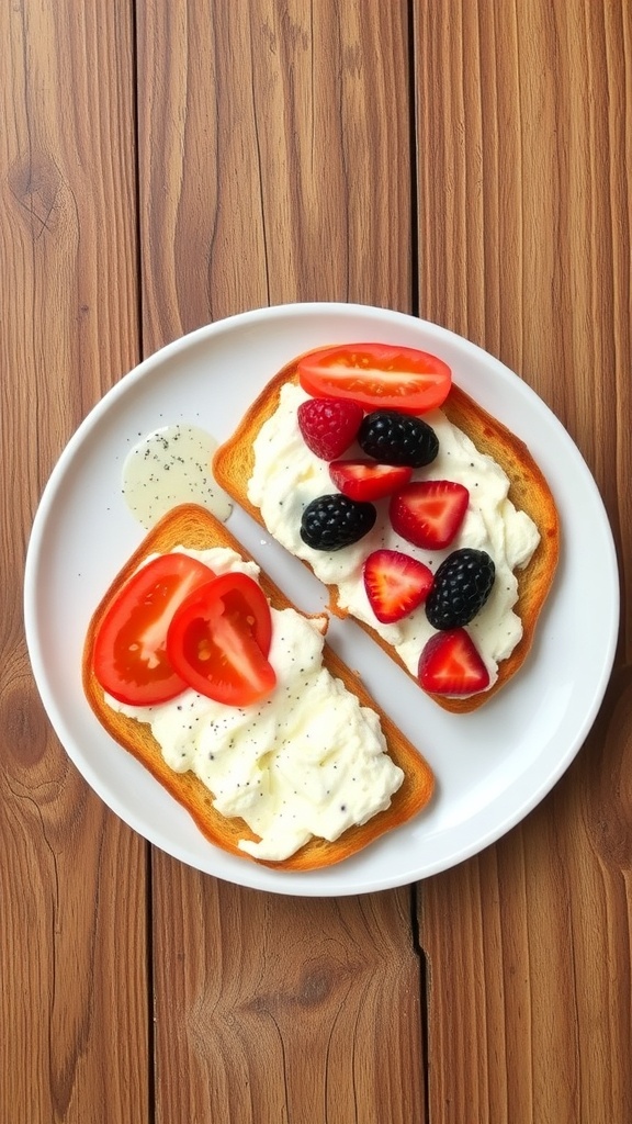 Cottage cheese toast with tomatoes and berries on toasted bread, served on a rustic wooden table.